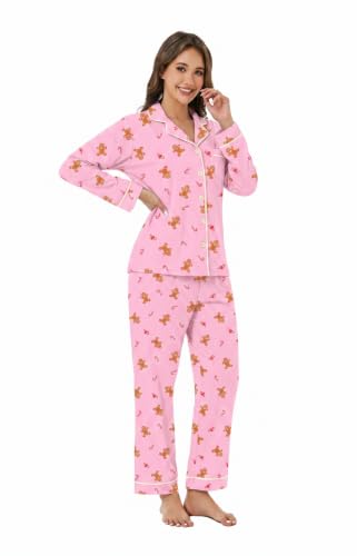 Image of LUBOT Christmas Pajamas for Women 100% Cotton Pajama 2 Piece PJ Set Soft Long Sleeve Button Xmas Print Loungewear XS-XXL