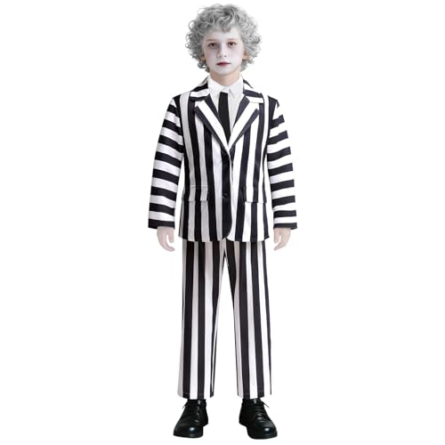 GMEDJVE Disfarce infantil Halloween fato de riscas brancas e pretas conjunto de 3 peças para criança disfarce de personagem de filme de fantasia