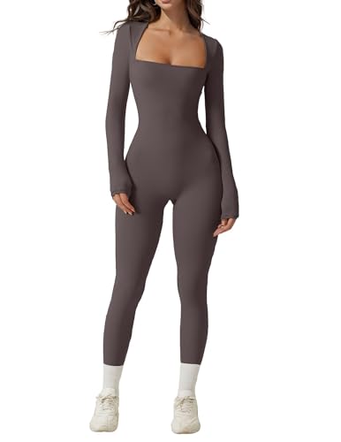 Pintimi Long Sleeve Jumpsuit For Women Romper Leggings Sexy One Piece Bodysuit Workout Yoga Jumpsuits,Grey,Small