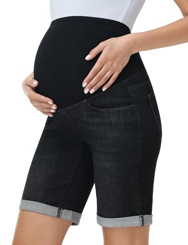 Foucome Women's Materntiy Jean Shorts Over The Belly Comfy Stretch Bermuda Denim Shorts(Vintage Blue, XL)