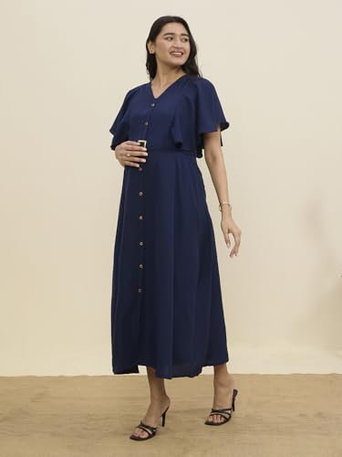 Image of MomToBe Women's Cotton Maternity Dress | Nursing Feeding Dress with Concealed 14-Inch Side Zippers | Office Wear for Pregnancy & Postpartum