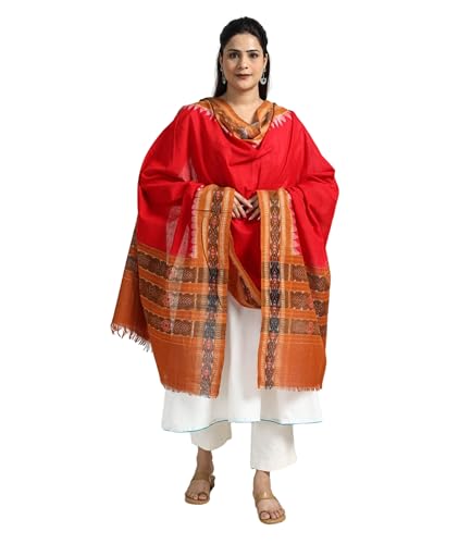 Image of Cotton Dupatta with weaving and Ikat woven border from the Weavers Stole for Girls & Women