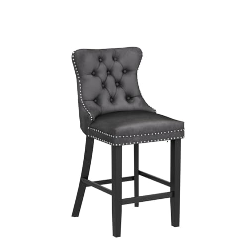 Butacos de altura para barra tapizados en terciopelo Aoowow, set de 2 unidades, asiento de 26.3 pulgadas, sillas sin reposabrazos con respaldo alado y acolchado con botones, patas de madera maciza para isla de cocina o área de bar (Gris) miniatura 4