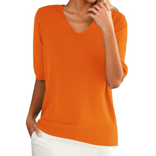 Image of Women's Summer Lightweight Knit Pullover, Thin Top, Short Sleeve V-Neck, Casual Knit Jumper, Elegant Spring Summer Sweatshirt, Solid Color, Short Sleeve Pullover, Comfortable Knitted Tops, orange, M