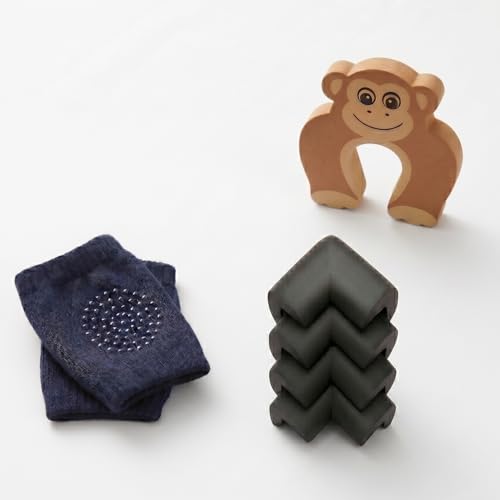 Image of Safe-O-Kid Crawling Protection Combo | 1 Pair Baby Knee Pads, 4 NBR Corner Guards & 1 Monkey Shaped Door Stopper | Baby Safety Kit for Crawling, Walking & Home Protection - Assorted