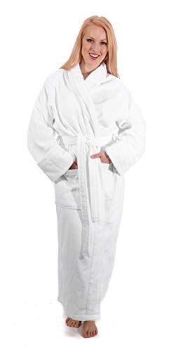 Classic Turkish Towels Velour Shawl Bathrobe - Plush Silky Soft Long Robe Made with 100% Turkish Cotton (White, Velour) One Size