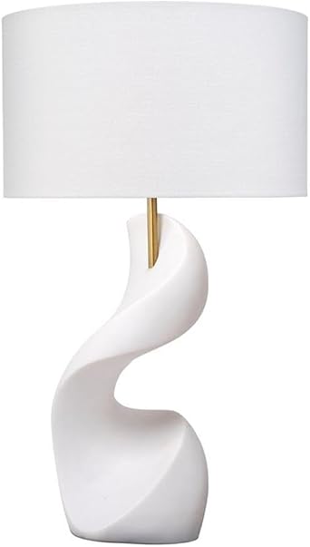 MAKLAINE Ricestone Sculptural Table Lamp, 24.5 in Height, White Linen Drum Shade, Handmade Abstract Base, Brass Accents, Contemporary Coastal Style for Living Room or Bedroom Decor