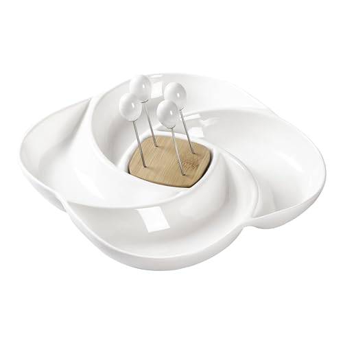 BRANDANI Bandeja para aperitivos de porcelana y bambú con 4 tenedores, 24 cm