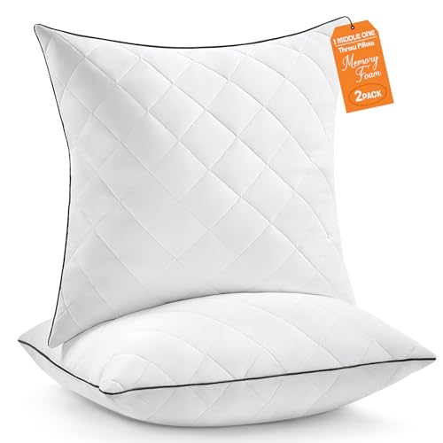 1 MIDDLE ONE Throw Pillows (Pack of 2, White), 24 x 24 Inches Decorative Pillow Insert for Couch, Sofa and Bed, Memory Foam Indoor Square Pillow Forms Stuffer