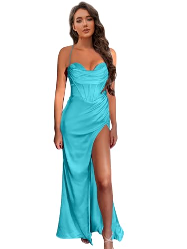Image of Women's Mermaid Prom Dress with Slit Satin Bridesmaid Dresses Long Corset Evening Formal Party Gown