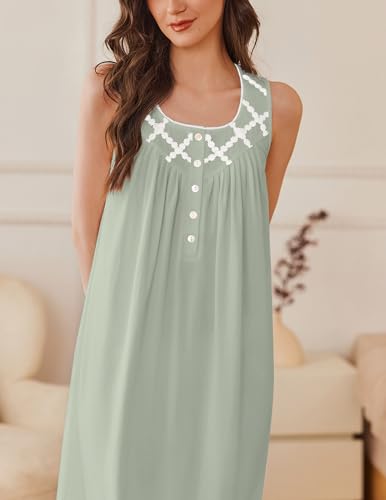 Image of Ekouaer Nightgowns for Women Cotton Long Night Gown Sleeveless Sleep Dress Victorian Nightdress Ladies Sleepwear Light Green Medium