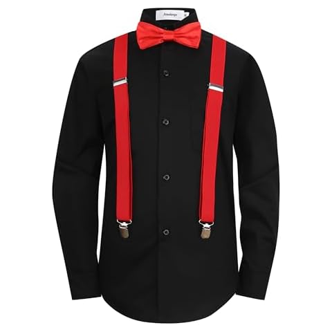Aimehonpe Boys Dress Shirt Long Sleeve Poplin Formal Uniform Woven with Bow Tie Set Suspenders Outfit, Black, Small Cover