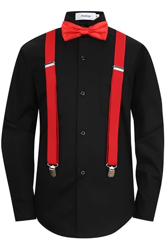 Boys Dress Shirt Long Sleeve Poplin Formal Uniform Woven with Bow Tie Set Suspenders Outfit
