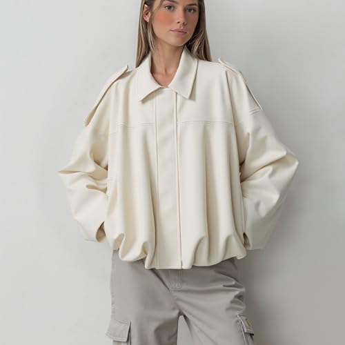 Xunger Women's Faux Suede Bomber Jacket Spring Lapel Pilot Coat Casual Oversized Long Sleeves Trendy Streetwear Outerwear