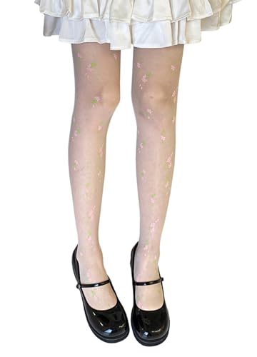 Image of Erinaco Women's Flower Pattern Sheer Footed Pantyhose Control Top Tights Stockings with Reinforced Toes