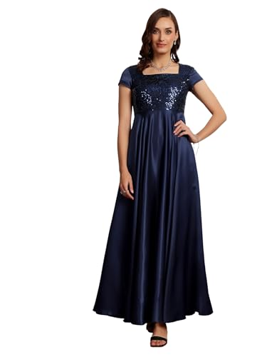 Image of Miss Chase Women's Round Neck Sleeve Embellished Fit Flare Maxi Dress
