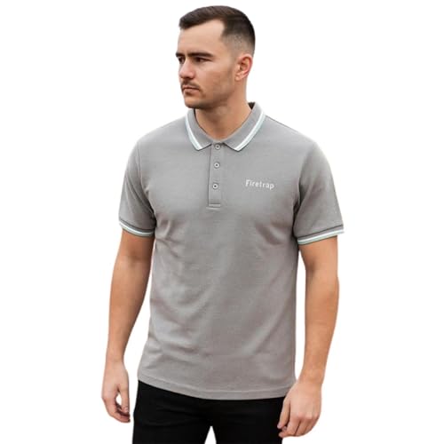 Image of Firetrap Mens Polo T Shirt Cotton Short Sleeve Summer Wear with Ribbed Tipping Collar, Breathable Fabric, Stylish Fit for Casual, Office & Outdoor Use Grey S