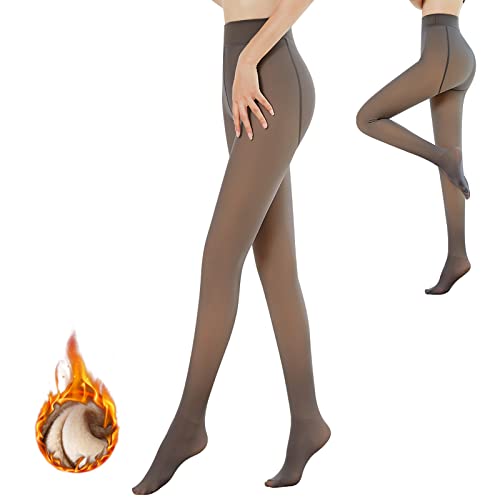 Teklemon Medias Térmicas Transparentes para Mujer Lana Forro Interior Cálidas de Invierno Forradas de Vellón Calzoncillos Suaves y Cintura Alta Leggings Pantimedias Mujer Color Carne Medias (320,Café)