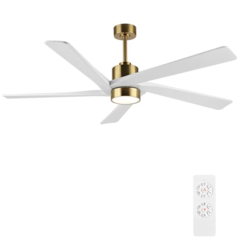 Image of WINGBO 72 Inch DC Ceiling Fan with Lights and 3 Downrods, 5 Reversible Carved Wood Blades, 6-Speed Noiseless DC Motor, Large Ceiling Fan in Brass Finish with White Blades, ETL Listed