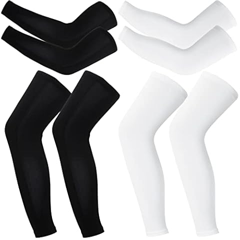 Azegech 2 Pairs Compression Leg Sleeves Full Leg Compression Sleeve UV Protection Arm Sleeves Sports Cycling Leg Sleeves with Anti-slip Silicone Strips for Men Women Running Basketball (White&Black) Cover