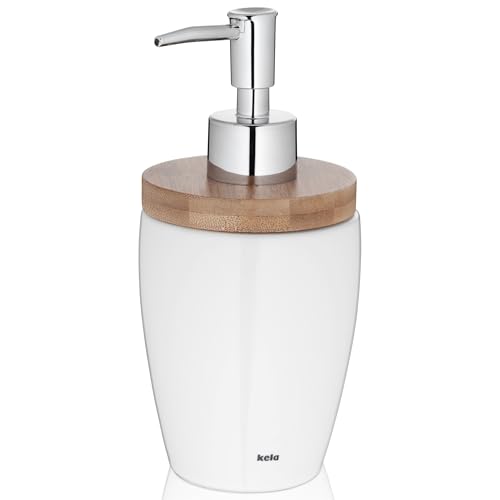 kela Distributeur de savon 350 ml NATURA, distributeur de savon blanc céramique, couvercle en bambou, flacon pompe, distributeur de liquide vaisselle
