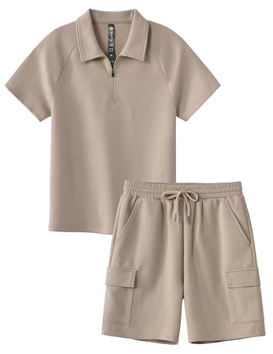 MoFiz Boys Short Set Summer Outfits T-Shirt And Shorts Summer Casual Athletic Vacation Beach 2 Piece Outfits Matching Clothing Sets Light Khaki 10-12 Years M