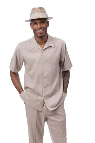 MONTIQUE Walking Suit For Men 2 Piece Set - Short Sleeve Shirt and Long Pants, Solid Colors - LN77