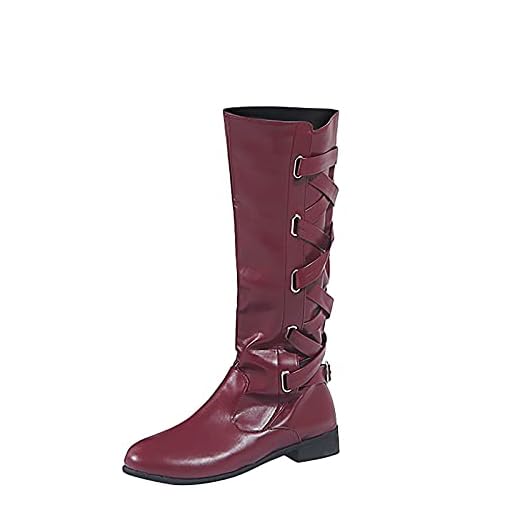 Dam knähöga stövlar retro spänne ankelstövlar halvhöga stridsstövlar chunky blockklack motorcykelstövlar spetsskor chunky Mid Heel Knight Boots Casual Overknee stövlar, röd, 43 EU