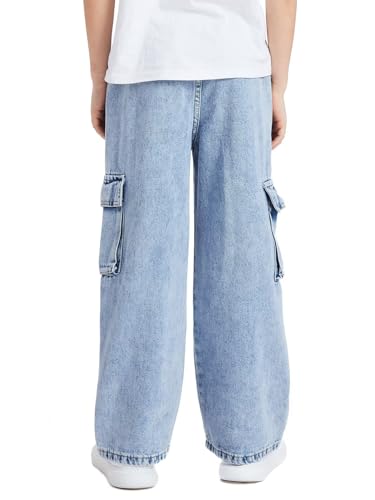 Boy's Baggy Cargo Jeans Drawstring Loose Staight Wide Leg Denim Pants3