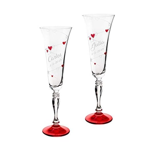 Copas para boda con corazones rojos, GRABADAS con el nombre de los novios y la fecha (Presentación en Baul)