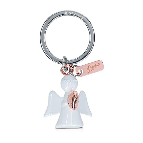 Navaris Llavero de ángel con corazón y Love - Llavero de Metal para Llaves Coche y casa - Colgante para Mochila o Bolso - Plateado y Oro Rosa