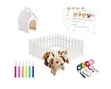 Generisch Tieradoptions-Partyset für 10 Kinder, mit Plüschtieren, Adoptionsurkunden, Tierhäusern zum Bemalen und Filzstiften 54 Teilig (Adoptions-Set Hund 3 Farbig mit Zaun)
