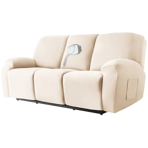 ZRCYXDW 防水 リクライニングソファーカバー 8ピース, ストレッチ リクライニングカバー と サイドポケット付き 柔らかい ソファーカバー 滑り止め 洗える 家具プロテクター-クリーム色の白-3 人掛け