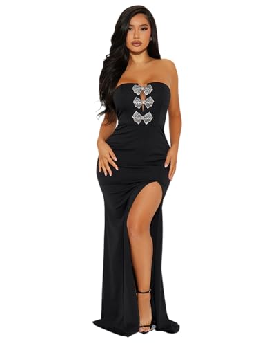 Image of Women's Sexy Strapless Backless High Split Long Maxi Dress Ruched Off Shoulder Sleeveless Bodycon Party Cocktail Dresses