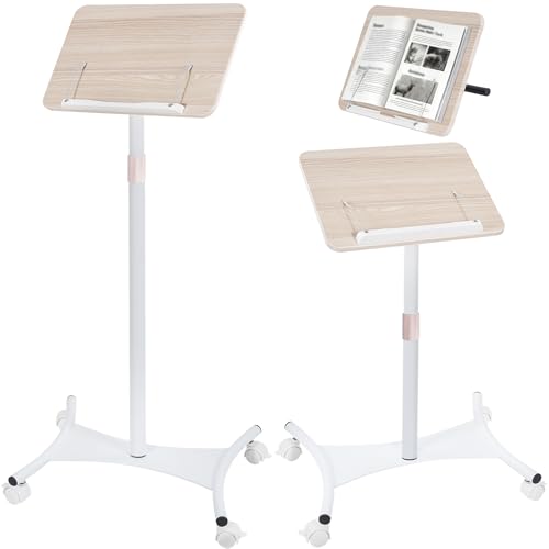 OUUTMEE Book Holder Stand with Wheels Long Quran Stand Adjustable Height Book Stand Quran Holder Bamboo - 180 Rotating with Page Paper Clip for the Quran Cookbooks Laptop (White 50-130CM)