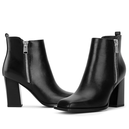 Women's Chunky High Heel Ankle Boots Side Zipper Square Toe Dress Booties2