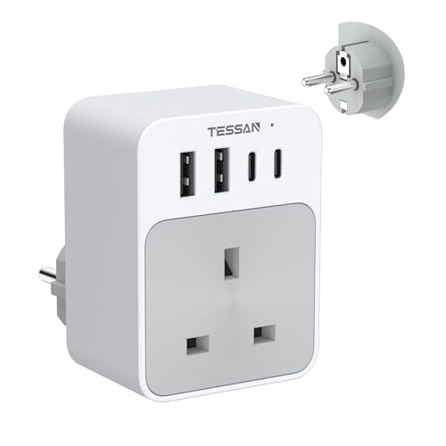 TESSAN UK to European Plug Adapter, 5 in 1 Travel Adapter with 2 USB C and 2 USB A, 3600W European Plug Adaptor, Type E F Travel for Spain France Turkey Germany