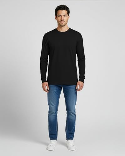 Image of Real Essentials 4 Pack: Men's Cotton Long Sleeve Crew Neck T-Shirt - Soft Work Casual Jersey Tees