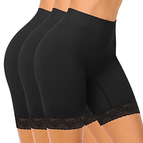 SIHOHAN Womens Anti Chafing Shorts Boxer Lace Slip Shorts Seamless Long Briefs for Under Dresses Skirts(3pcs Black,L)