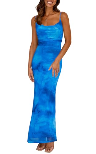 OWIN Women Summer 2025 Floral Dresses Sleeveless Long Mesh Bodycon Maxi Dress Spaghetti Strap Wedding Guest Dress