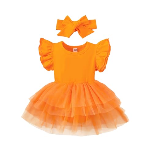 Image of Baby Girl Clothes Infant Ruffle Sleeve Romper Dress Newborn Solid Tutu Skirt Sets Jumpsuit Headband Outfit