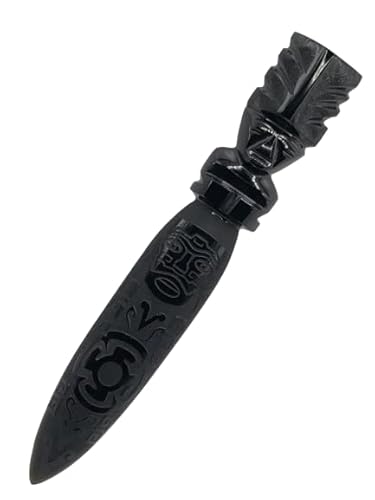 7.8 In Black Obsidian Letter Opener, Polished And Engraved Handmade By Craftmen, Figurine, Paperweight Stone, Craft Teotihuacan Mexico - 7.8 X 1.1 In - 3.77 Oz Weight (Design 24) #TOP18