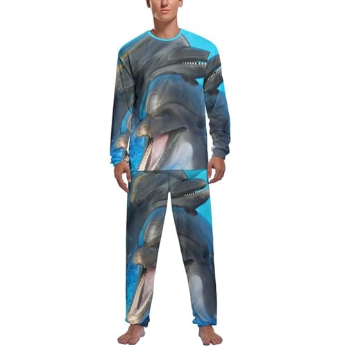 Vêtements de nuit ensemble pyjama homme long motif dauphin bleu coton