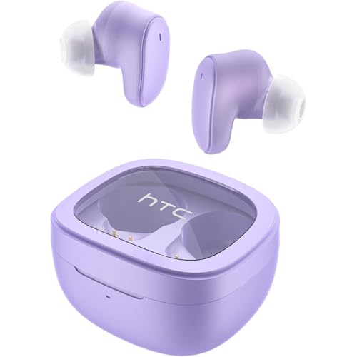 HTC True Wireless Bluetooth Earbuds 9 Bluetooth 5.3, in-Ear Earphones Transparent Case Design with Wireless Charging Fuction, 24Hour Playtime/Game Modes/Built-in Mic/Touch Control -Purple