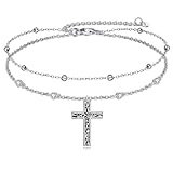 YAFEINI Tobilleras de plata de ley con cruz y doble cadena, para bautismo cristiano, joyería de regalo para mujeres y niñas, 7 inches, Plata de ley