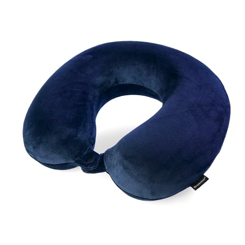 Brookstone Travel Neck Pillow - Lightweight Fleece Casing U-Shaped Stuffable Memory Foam Travel Pillow for Sleeping and Neck Support, Blue