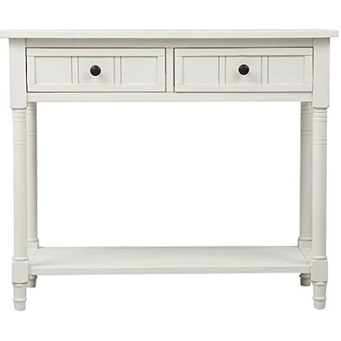 Bidook Daisy Series Console Table Traditional Design with Two Drawers and Bottom Shelf (Ivory White)(UK Stock) Cover