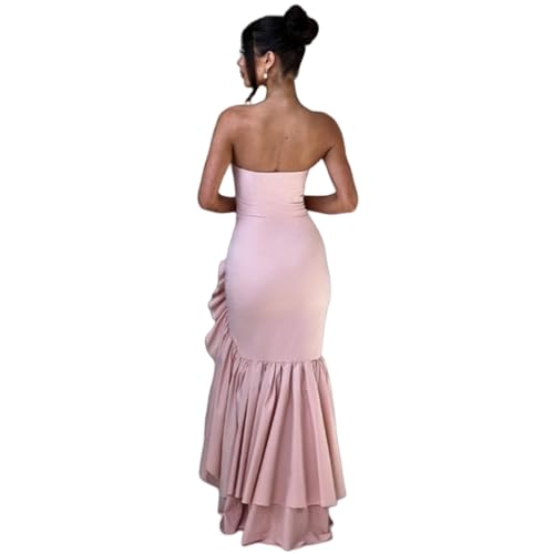 Image of Women's Sexy Strapless Backless High Split Long Maxi Dress Ruched Off Shoulder Sleeveless Bodycon Party Cocktail Dresses
