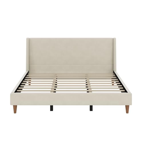 Image of Merax Solid Wood King Size Velvet Bed Frame with Wingback Headboard, Modern Upholstered Platform with Walnut Wooden Legs, Strong Wooden Slats, No Box Spring Needed, Easy Assembly, Noise-Free, Beige