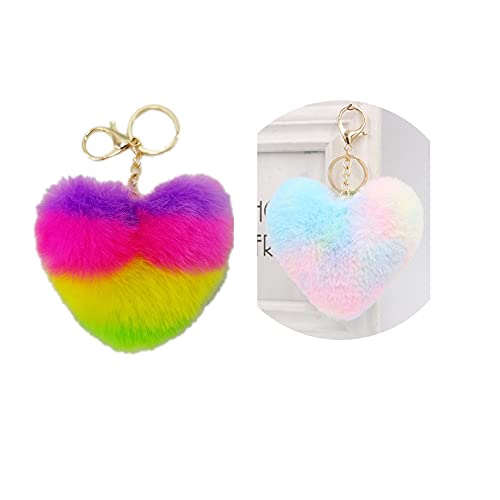 CINY 2 Pompons Schlüsselanhänger flauschige Herzform, Regenbogen Plüsch Pfirsich Herz Schlüsselbund Bunte Nähte Schlüsselanhänger Tasche Auto Schlüsselanhänger Dekoration für Mädchen Damen Cover